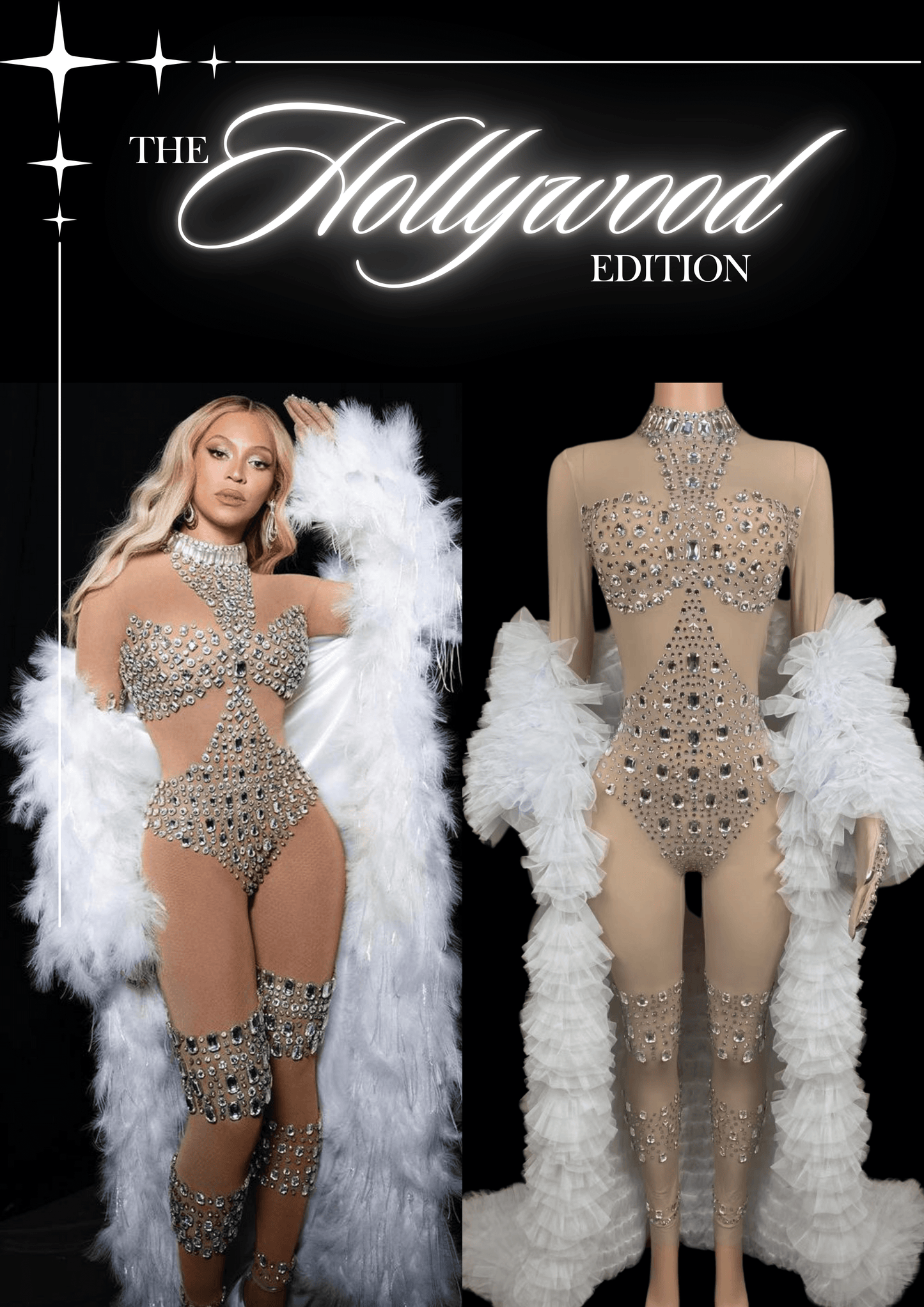 Glamstone | Party Jumpsuit: Feathered Glam - Inspired by Beyoncé